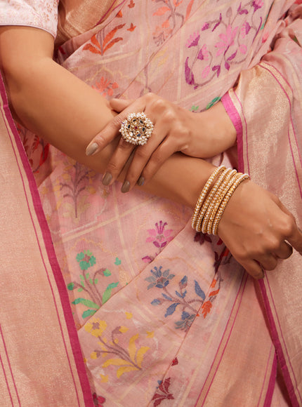 Baby Pink Real Zari Banarasi Cotton Saree With Jamdani Weaves