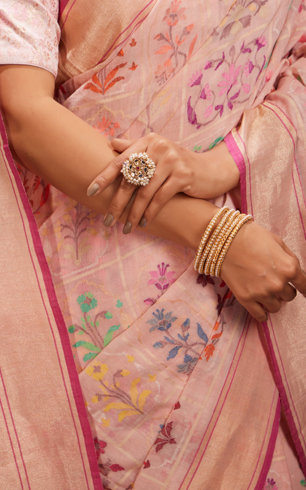 Baby Pink Real Zari Banarasi Cotton Saree With Jamdani Weaves