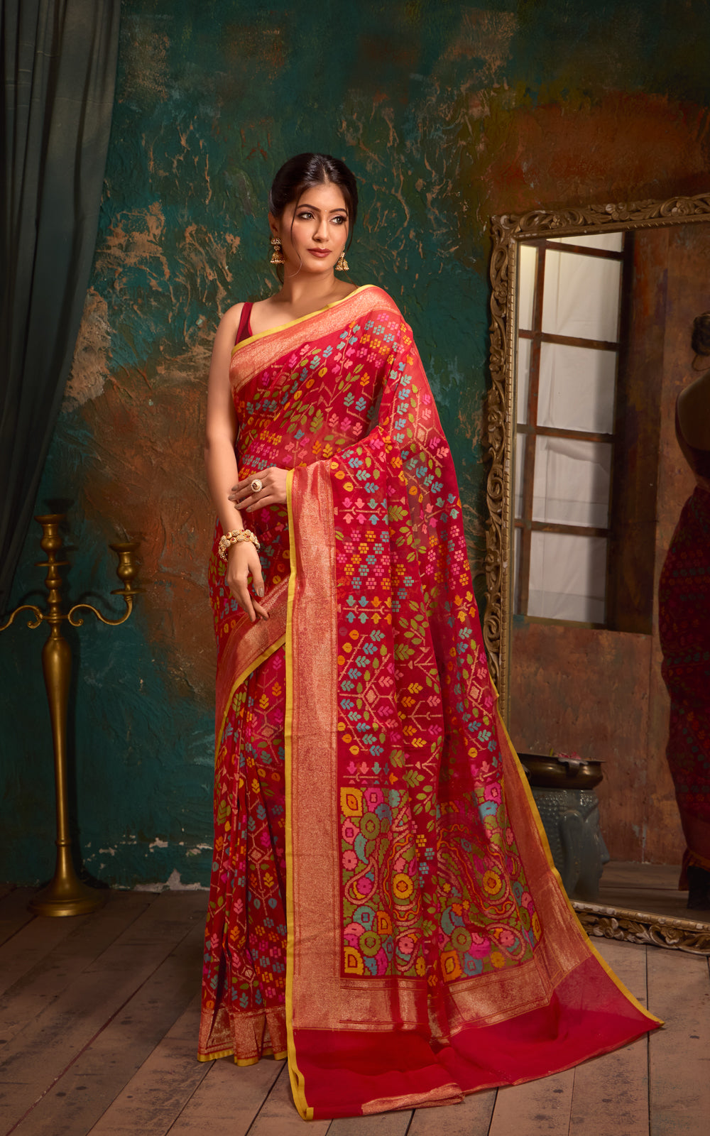 Red Real Zari Banarasi Cotton Saree With Jamdani Weaves