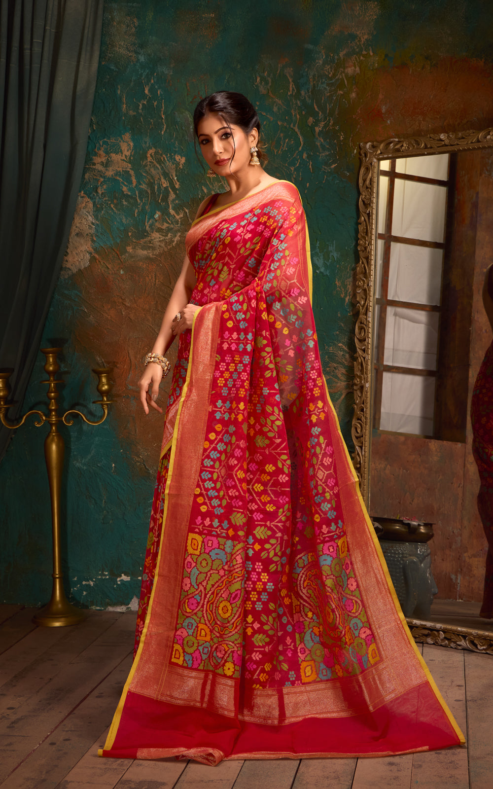 Red Real Zari Banarasi Cotton Saree With Jamdani Weaves