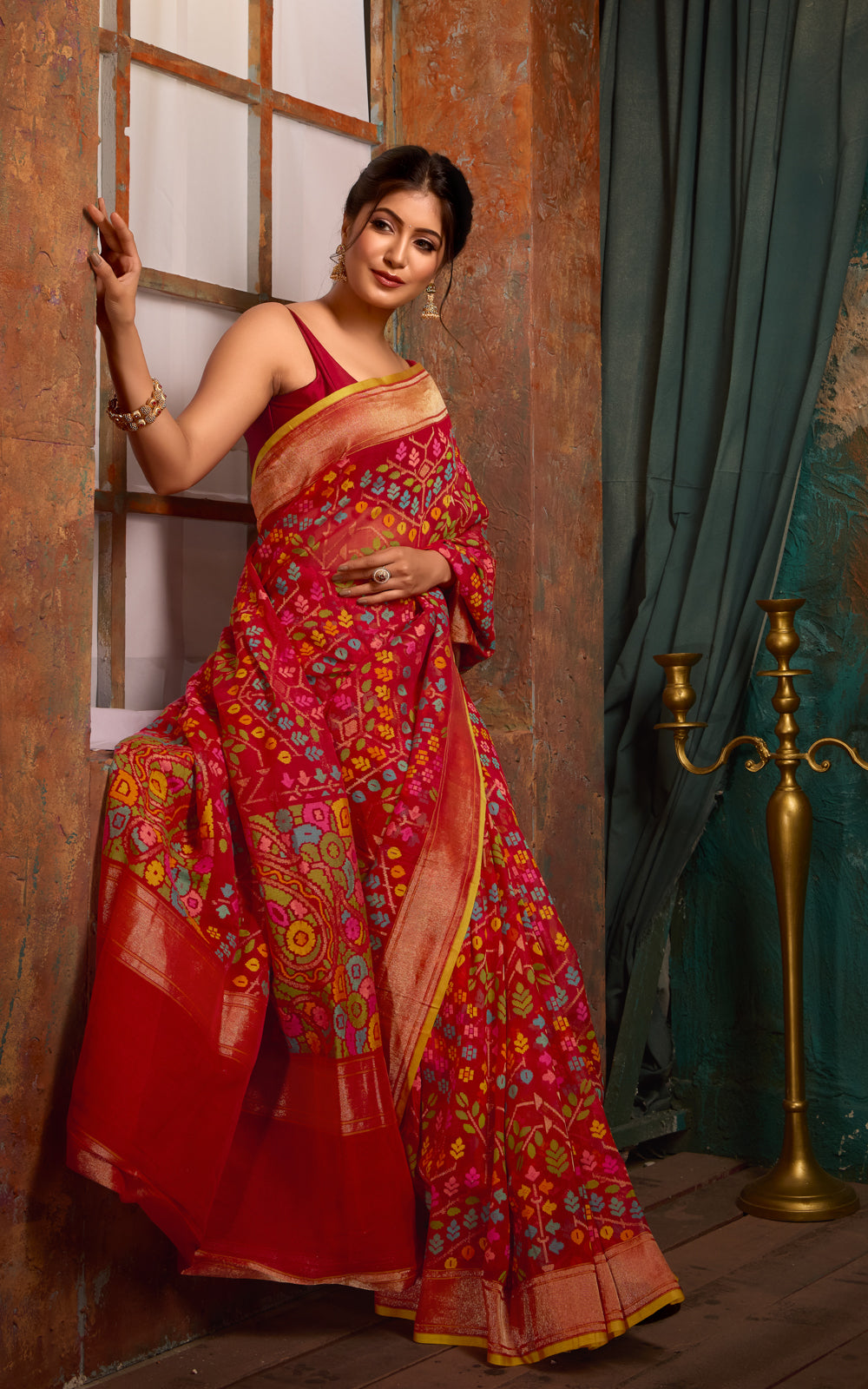 Red Real Zari Banarasi Cotton Saree With Jamdani Weaves