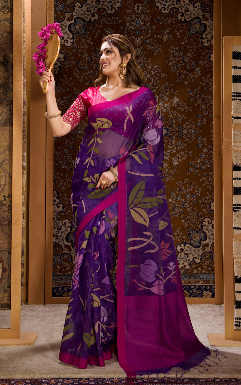 Violet & Pink Real Zari Banarasi Kora Saree With Jamdani Weaves
