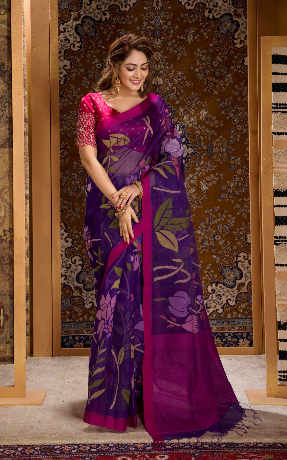 Violet & Pink Real Zari Banarasi Kora Saree With Jamdani Weaves
