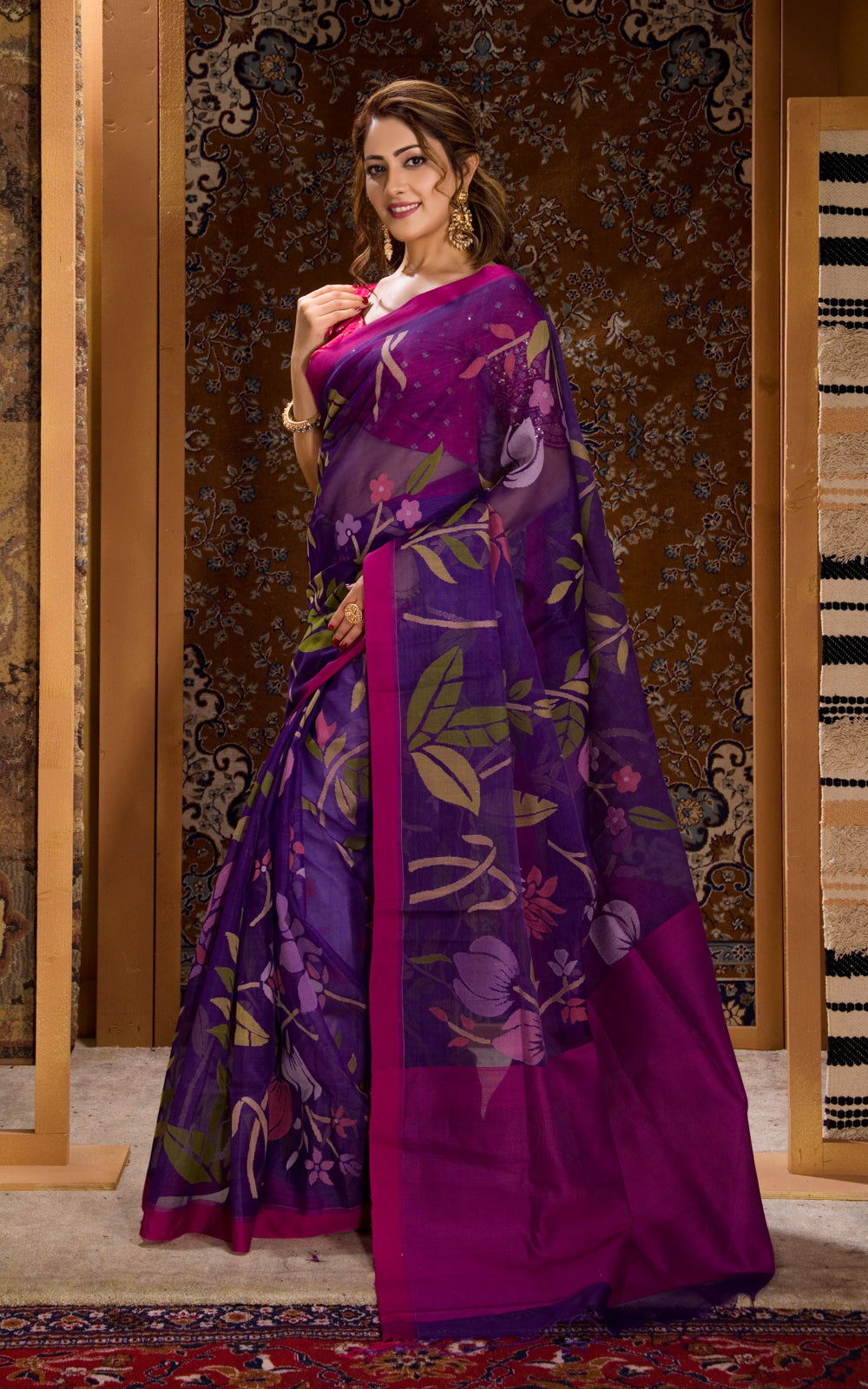 Violet & Pink Real Zari Banarasi Kora Saree With Jamdani Weaves