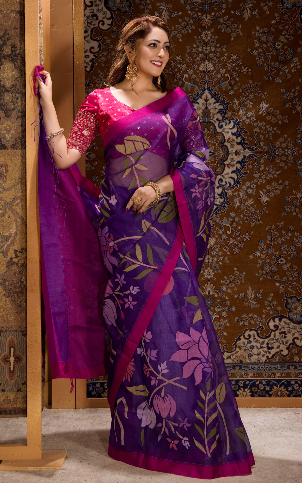 Violet & Pink Real Zari Banarasi Kora Saree With Jamdani Weaves