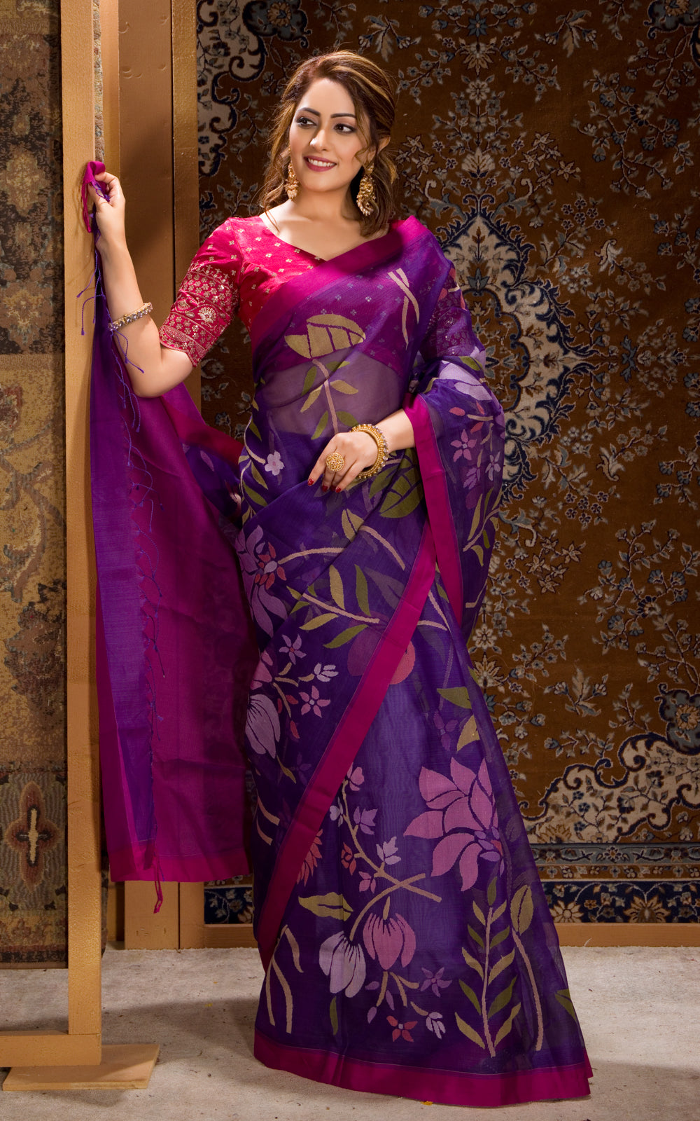 Violet & Pink Real Zari Banarasi Kora Saree With Jamdani Weaves