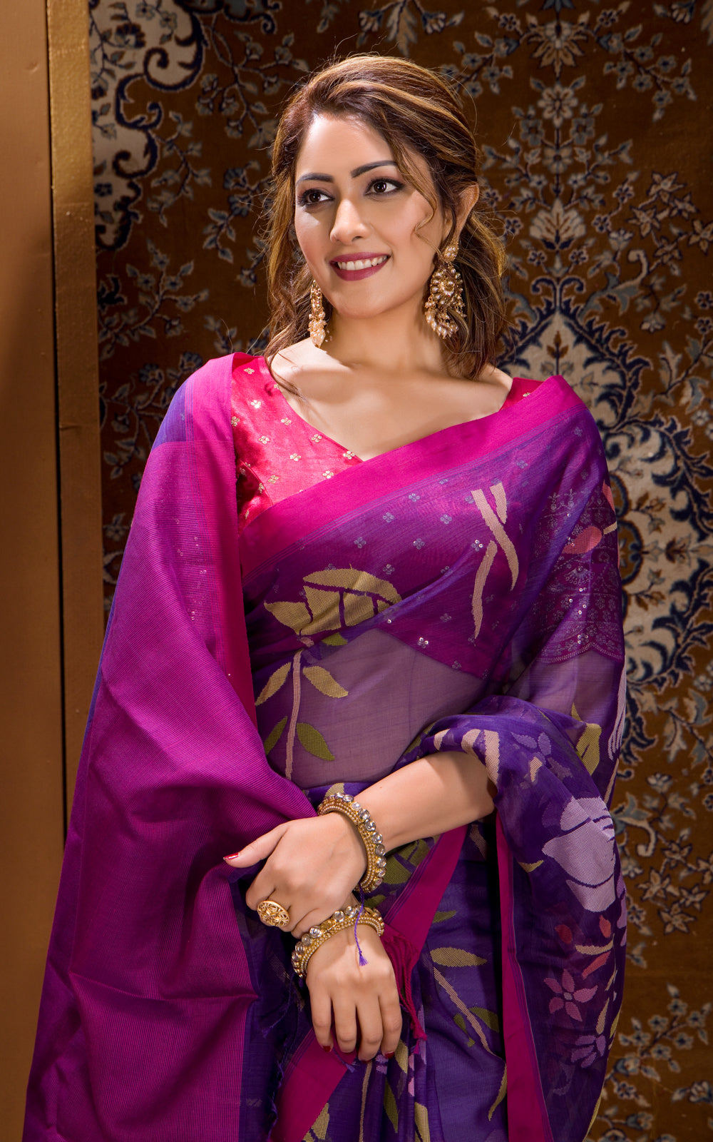 Violet & Pink Real Zari Banarasi Kora Saree With Jamdani Weaves