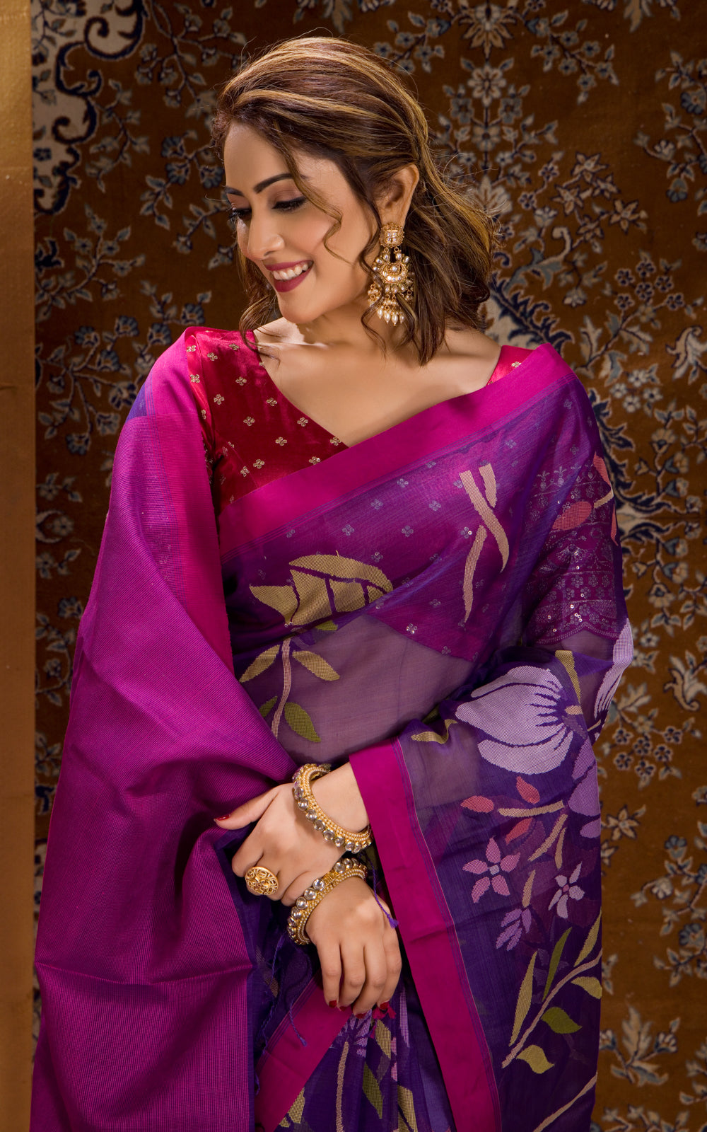 Violet & Pink Real Zari Banarasi Kora Saree With Jamdani Weaves