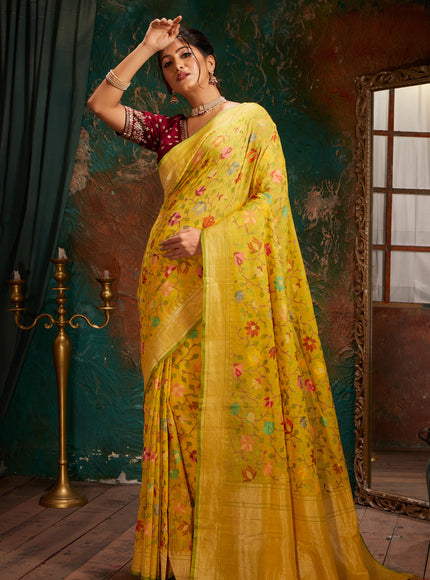 Yellow & Green Real Zari Banarasi Cotton Saree With Jamdani Weaves