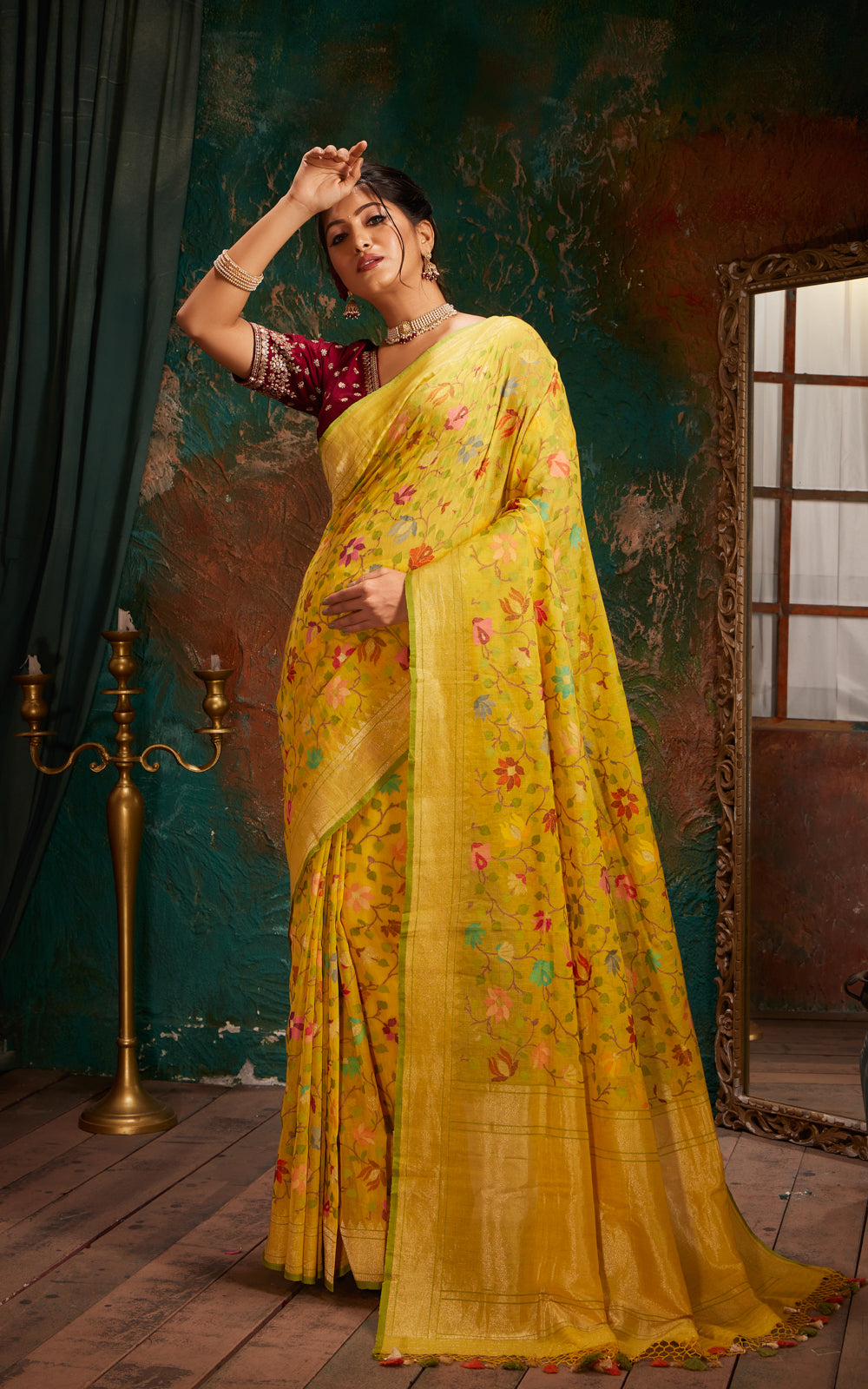 Yellow & Green Real Zari Banarasi Cotton Saree With Jamdani Weaves