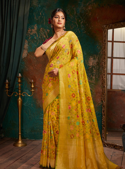 Yellow & Green Real Zari Banarasi Cotton Saree With Jamdani Weaves