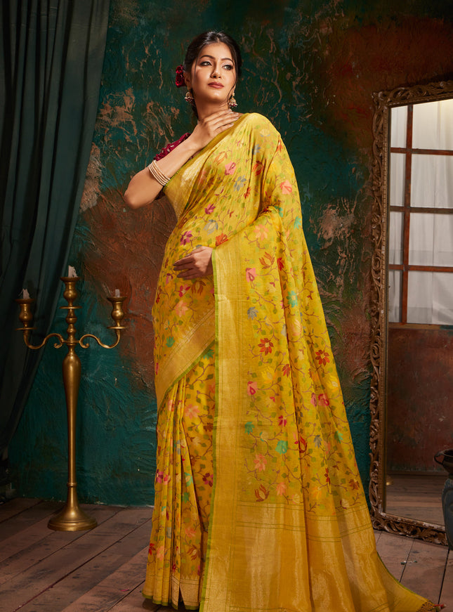 Yellow & Green Real Zari Banarasi Cotton Saree With Jamdani Weaves