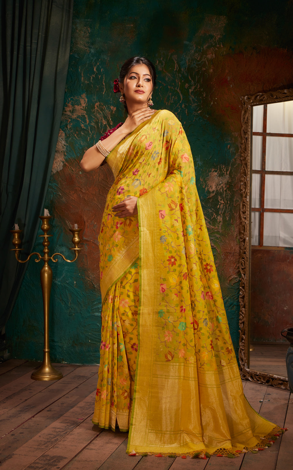 Yellow & Green Real Zari Banarasi Cotton Saree With Jamdani Weaves