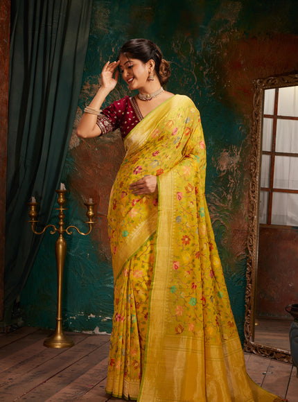 Yellow & Green Real Zari Banarasi Cotton Saree With Jamdani Weaves