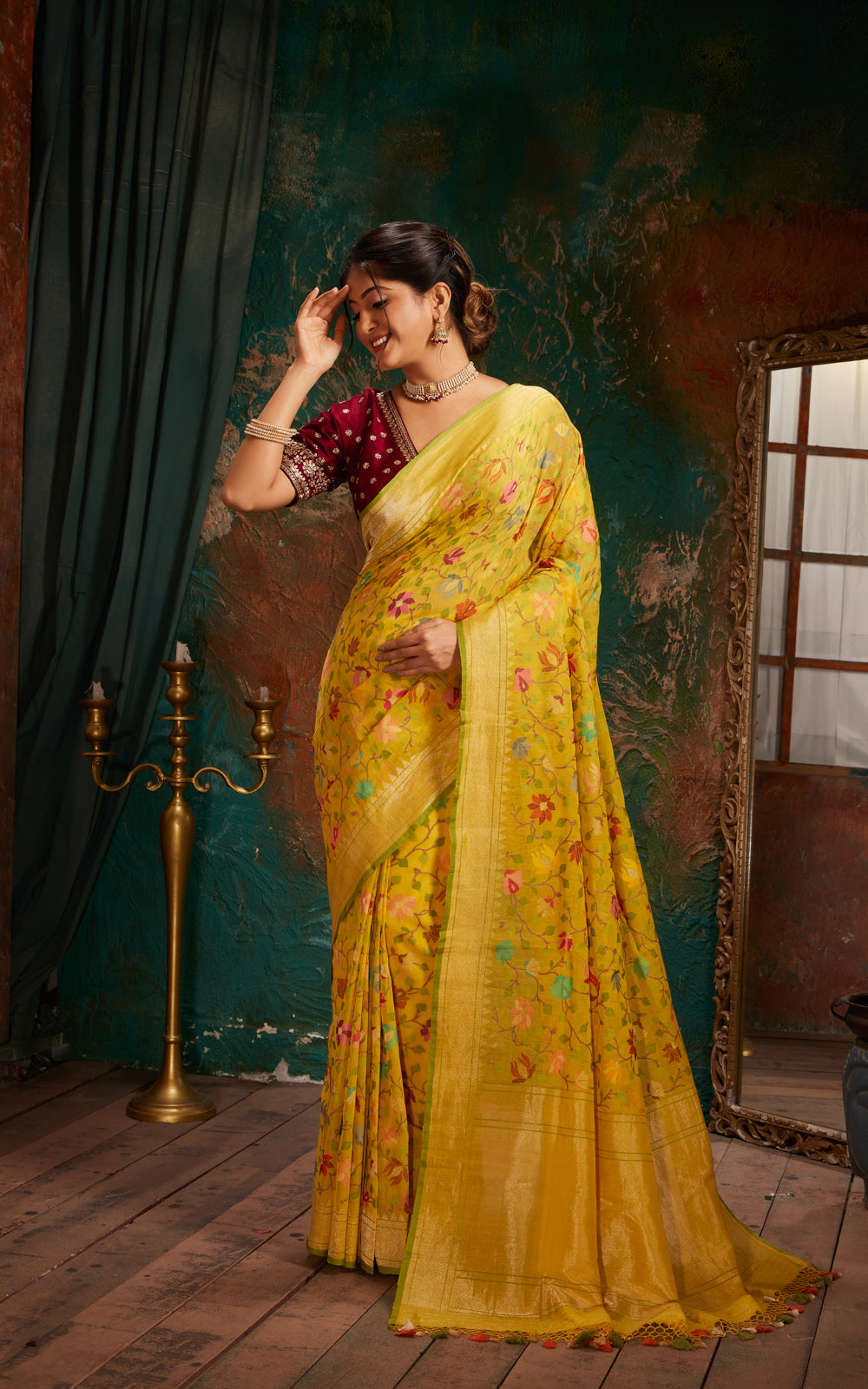 Yellow & Green Real Zari Banarasi Cotton Saree With Jamdani Weaves
