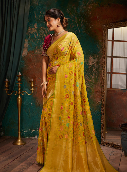 Yellow & Green Real Zari Banarasi Cotton Saree With Jamdani Weaves