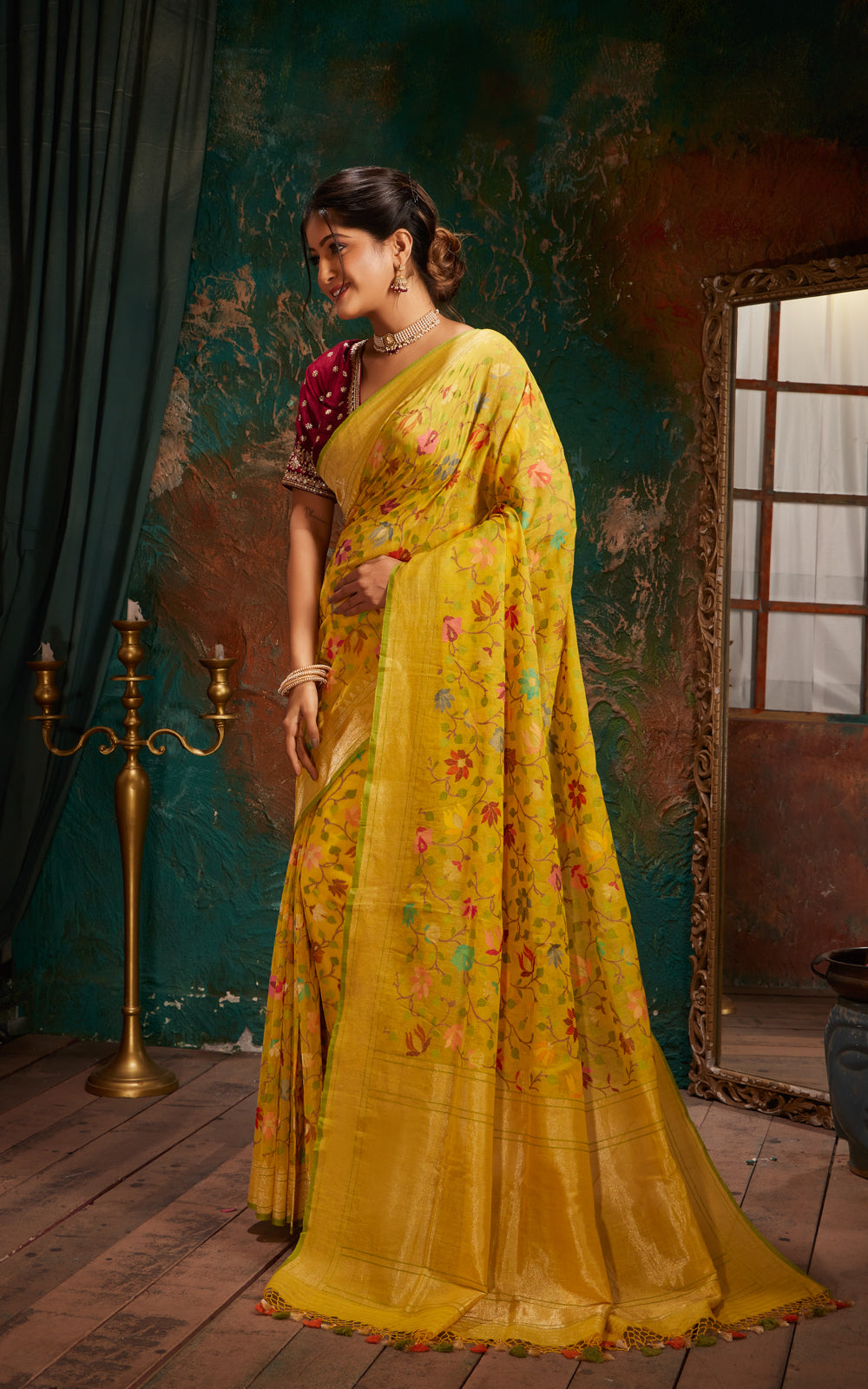 Yellow & Green Real Zari Banarasi Cotton Saree With Jamdani Weaves