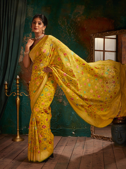 Yellow & Green Real Zari Banarasi Cotton Saree With Jamdani Weaves