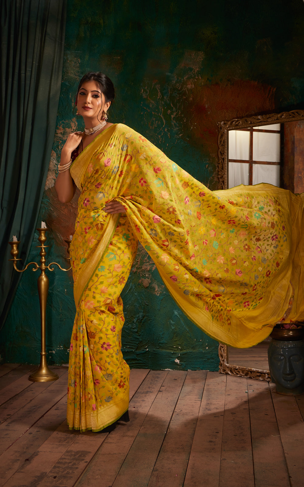 Yellow & Green Real Zari Banarasi Cotton Saree With Jamdani Weaves