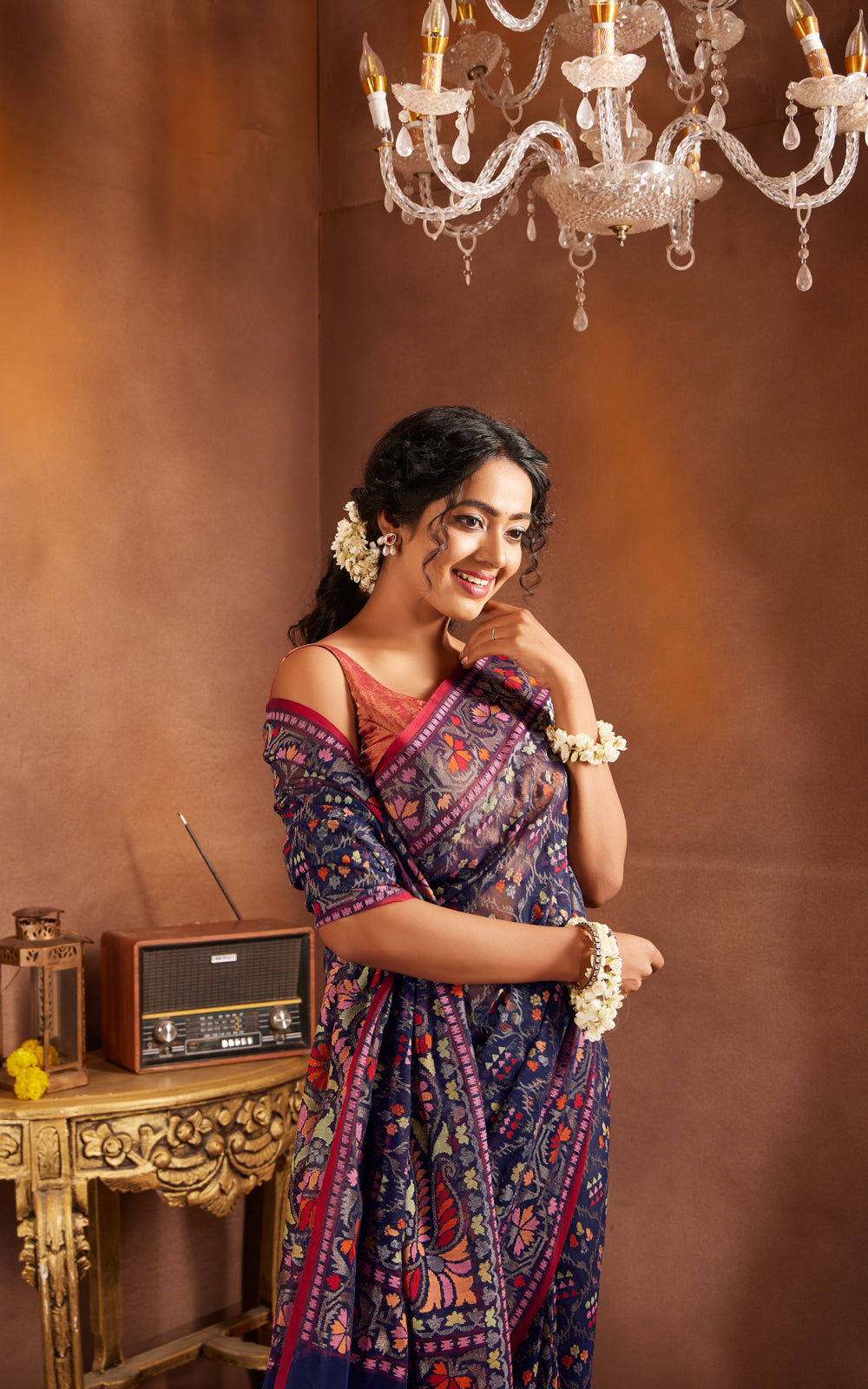 Navy Blue & Maroon Real Zari Banarasi Cotton Saree With Jamdani Weaves