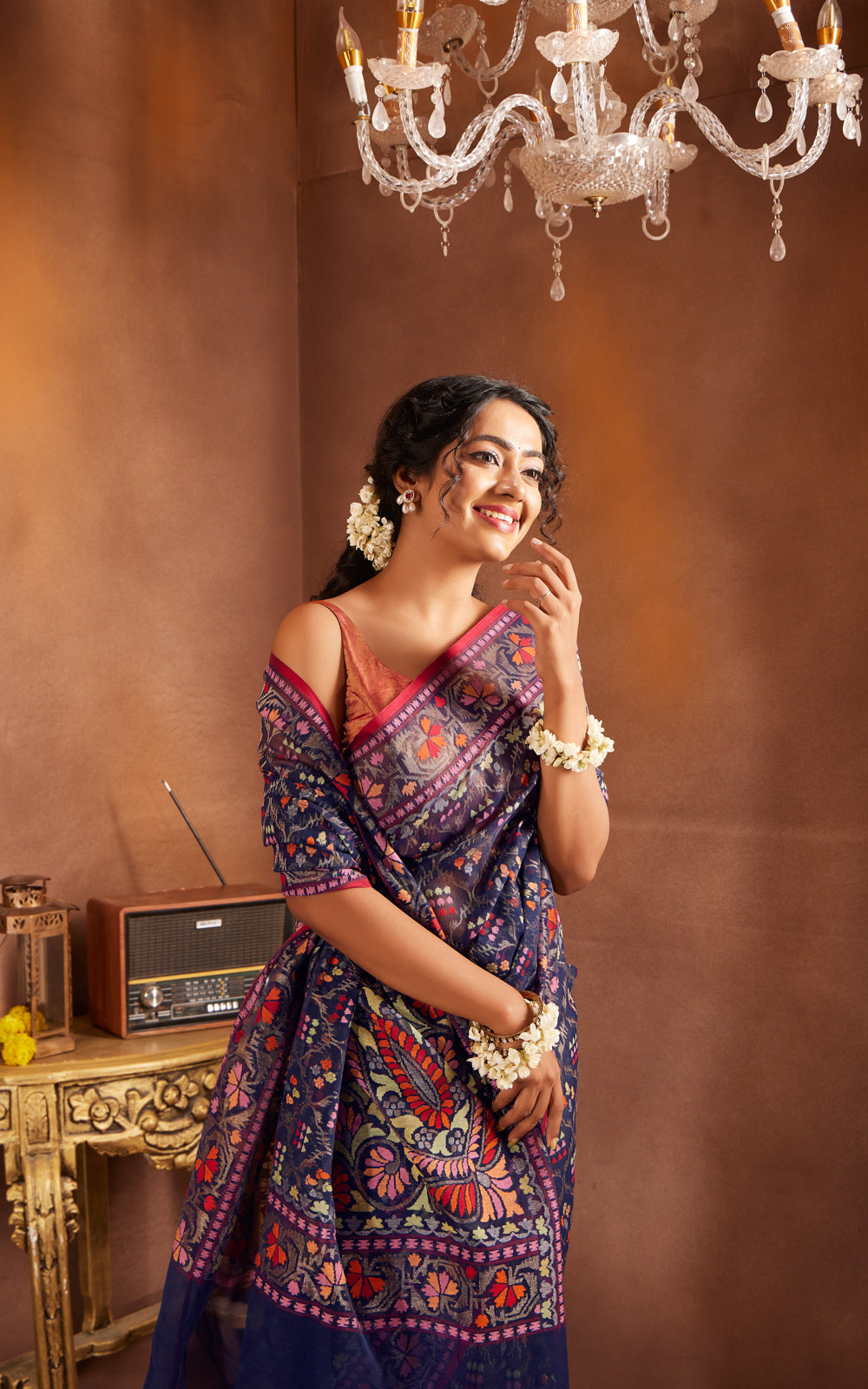 Navy Blue & Maroon Real Zari Banarasi Cotton Saree With Jamdani Weaves