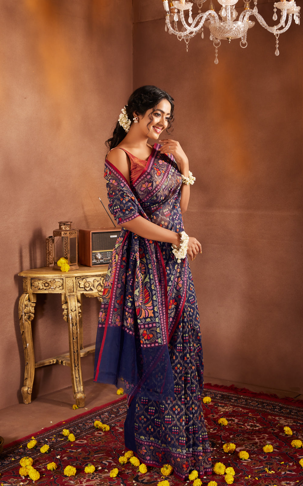 Navy Blue & Maroon Real Zari Banarasi Cotton Saree With Jamdani Weaves