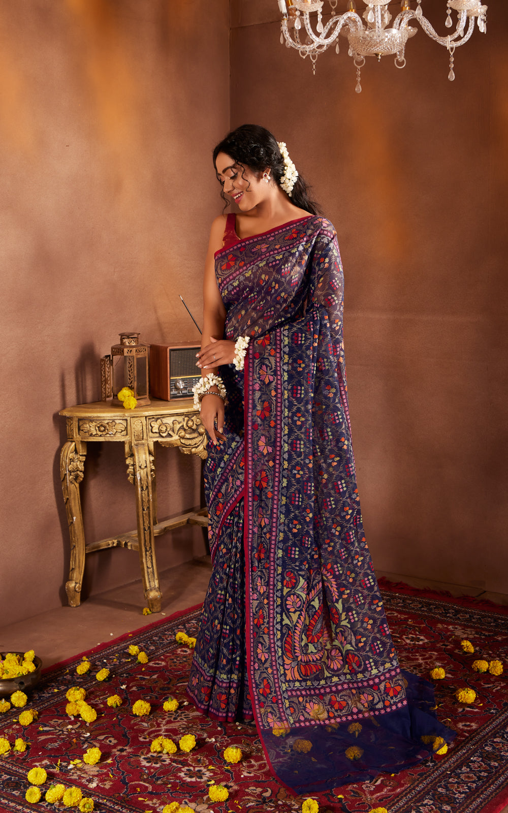 Navy Blue & Maroon Real Zari Banarasi Cotton Saree With Jamdani Weaves