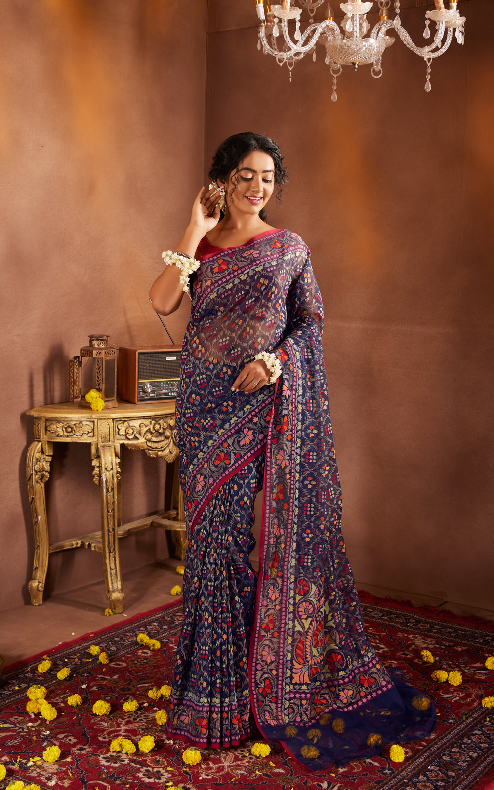 Navy Blue & Maroon Real Zari Banarasi Cotton Saree With Jamdani Weaves