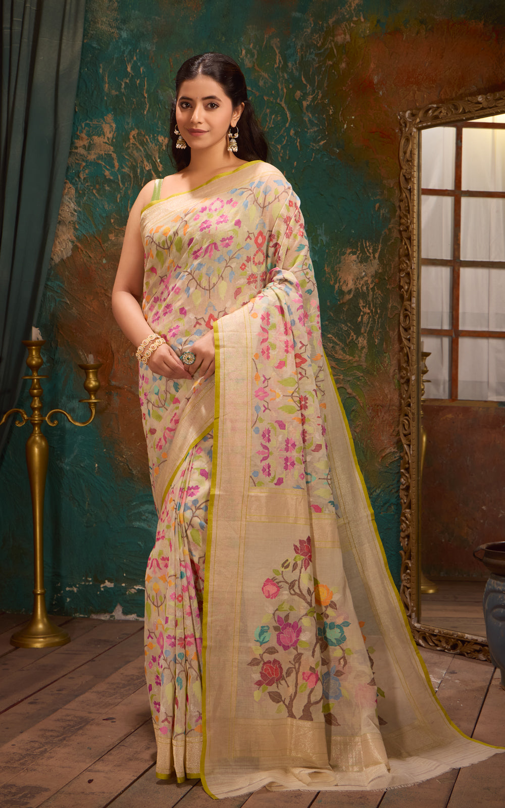 Cream Real Zari Banarasi Cotton Saree With Jamdani Weaves