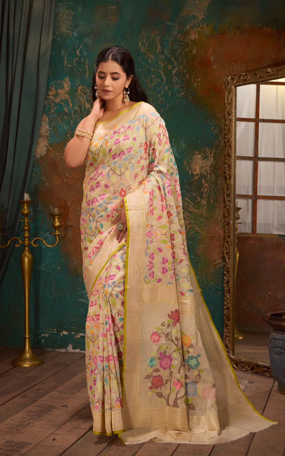Cream Real Zari Banarasi Cotton Saree With Jamdani Weaves