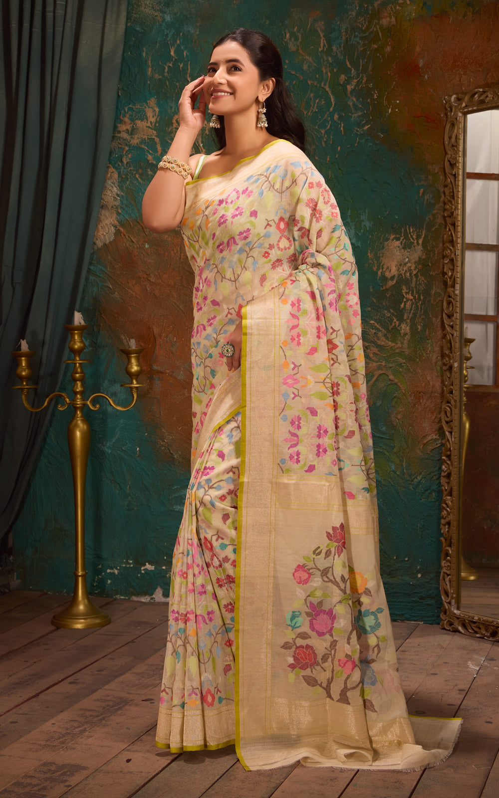 Cream Real Zari Banarasi Cotton Saree With Jamdani Weaves