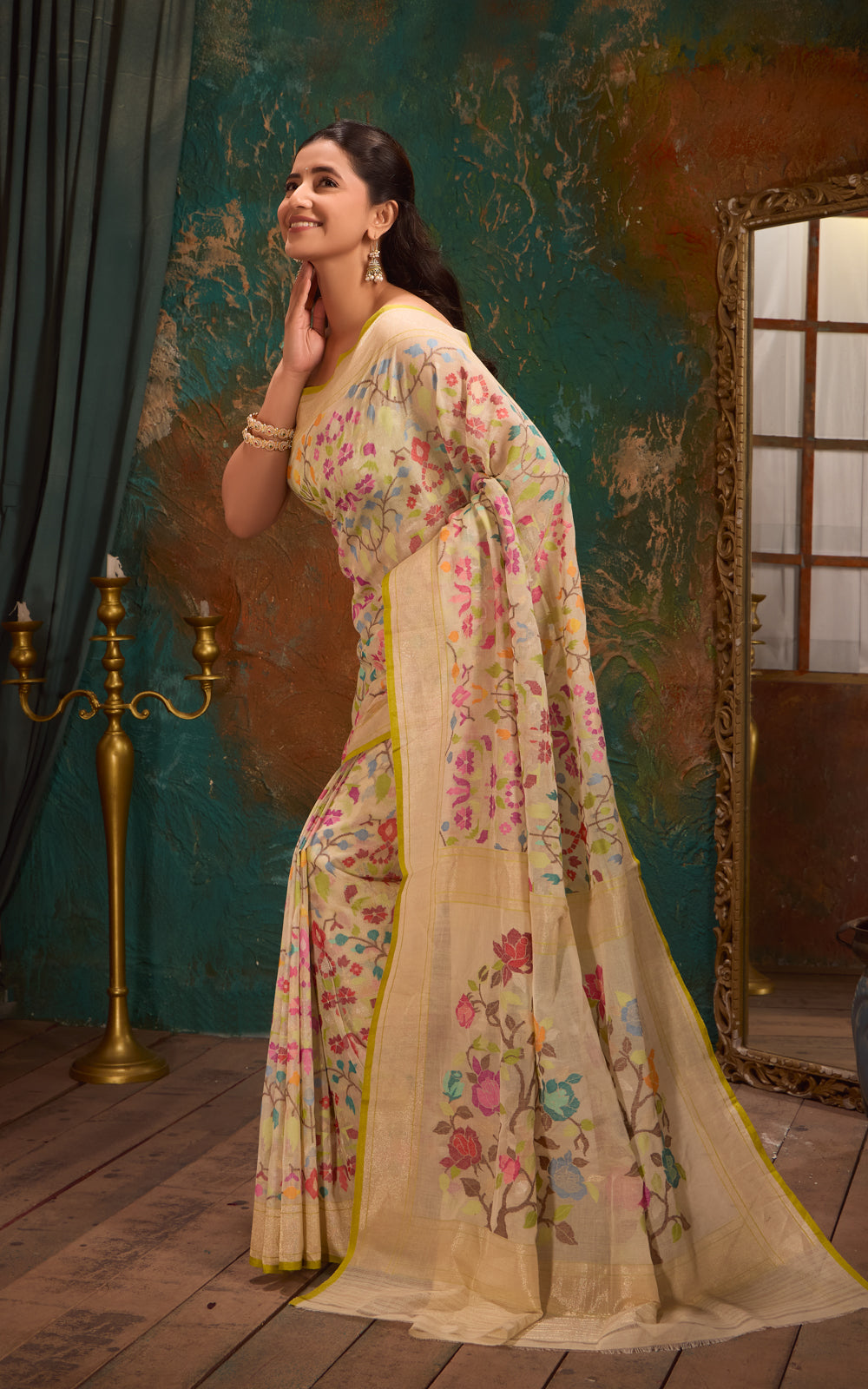 Cream Real Zari Banarasi Cotton Saree With Jamdani Weaves