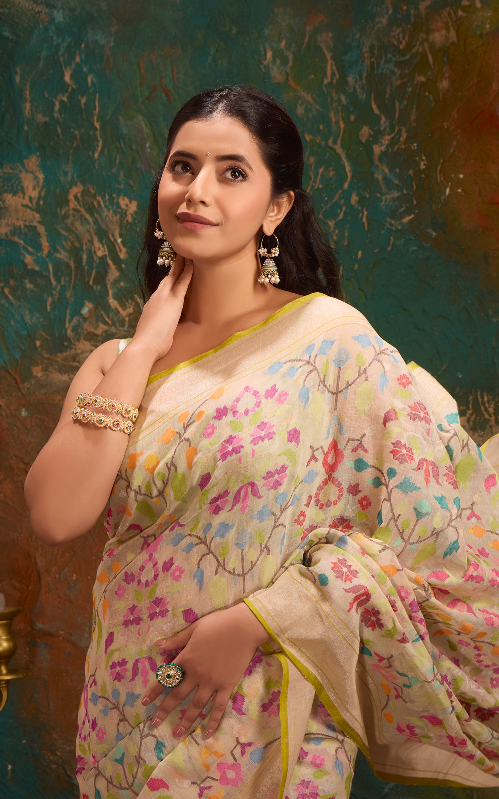 Cream Real Zari Banarasi Cotton Saree With Jamdani Weaves