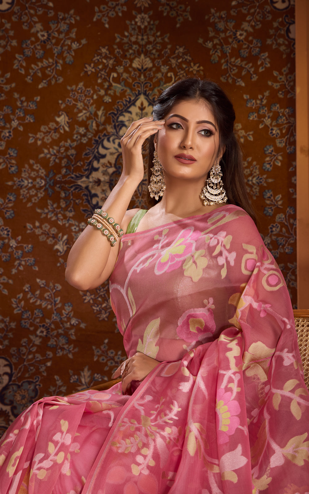 Peach Pink Real Zari Banarasi Kora Saree With Jamdani Weaves