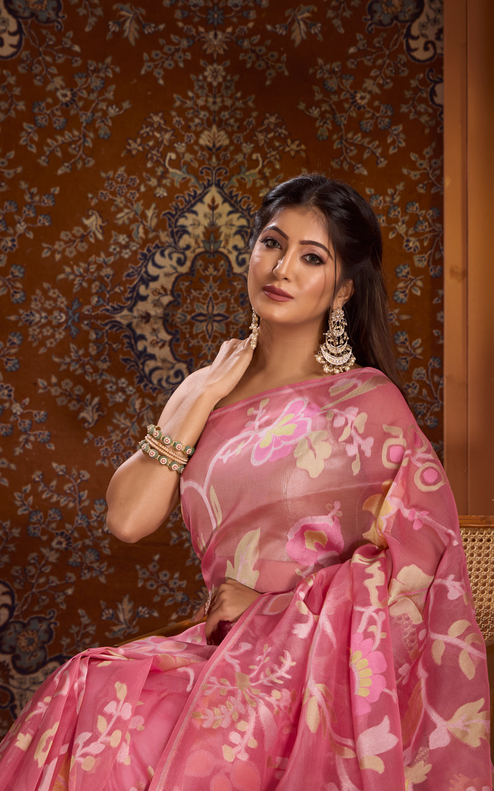 Peach Pink Real Zari Banarasi Kora Saree With Jamdani Weaves