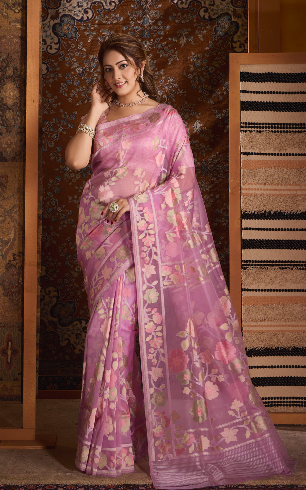 Lavender Real Zari Banarasi Kora Saree With Jamdani Weaves