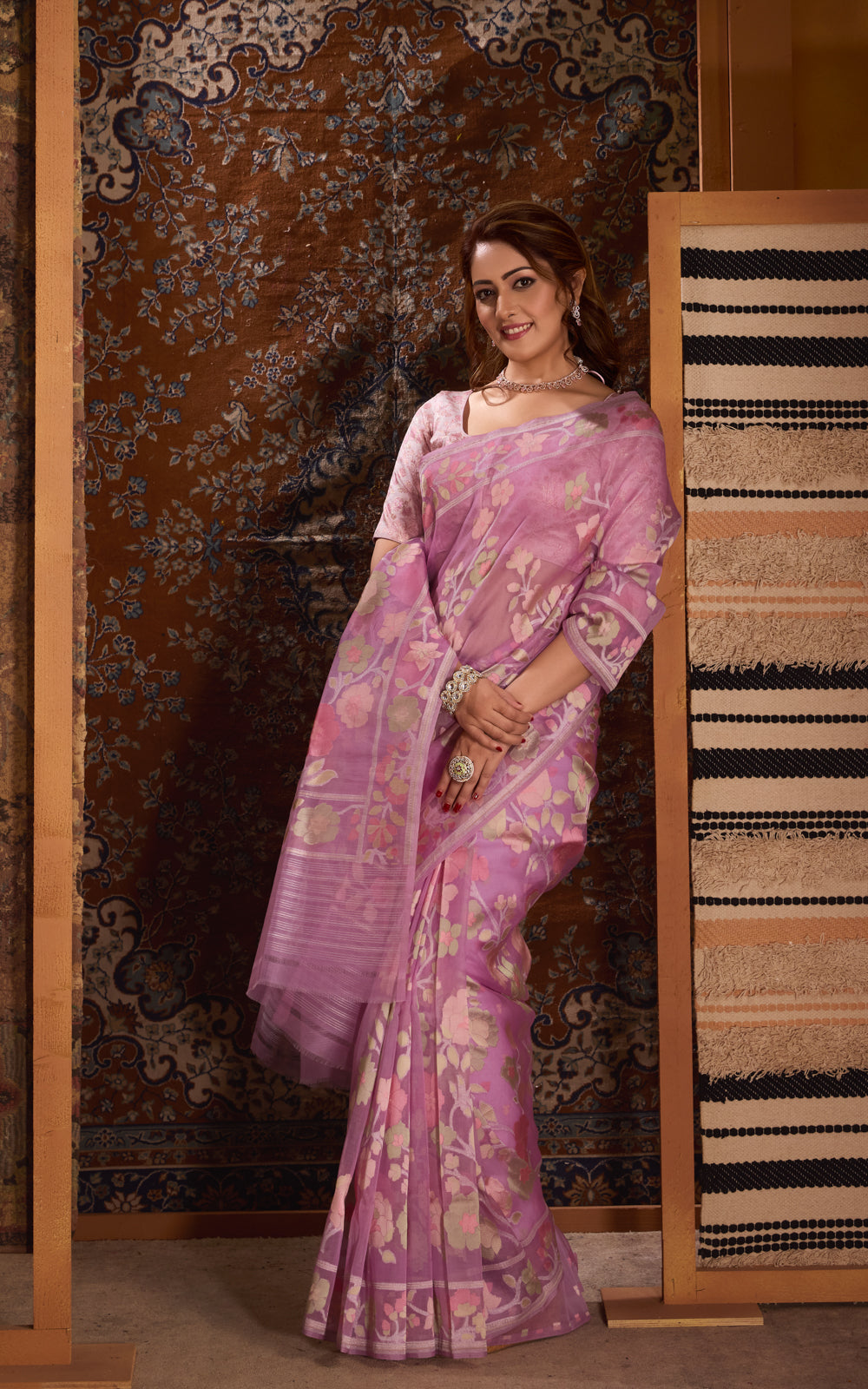 Lavender Real Zari Banarasi Kora Saree With Jamdani Weaves