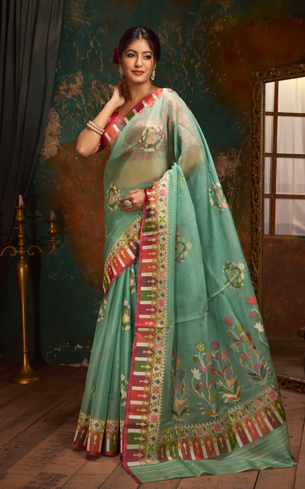 Pastel Green Real Zari Banarasi Kora Saree With Jamdani Weaves