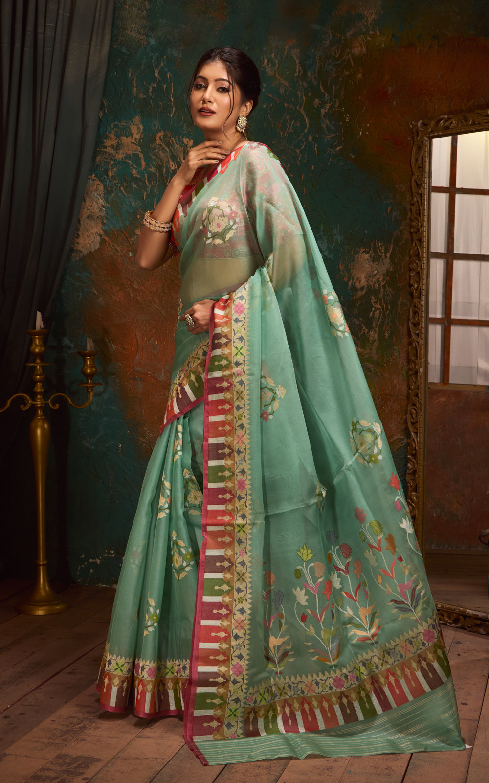 Pastel Green Real Zari Banarasi Kora Saree With Jamdani Weaves