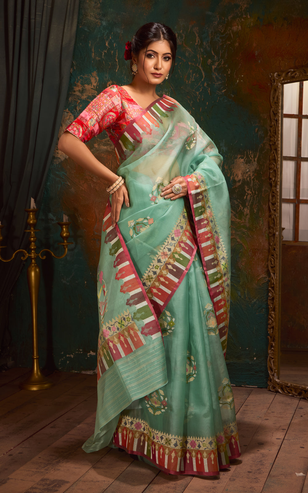 Pastel Green Real Zari Banarasi Kora Saree With Jamdani Weaves