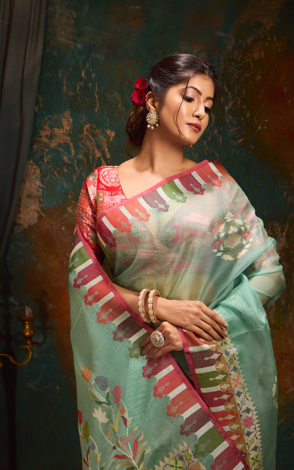 Pastel Green Real Zari Banarasi Kora Saree With Jamdani Weaves