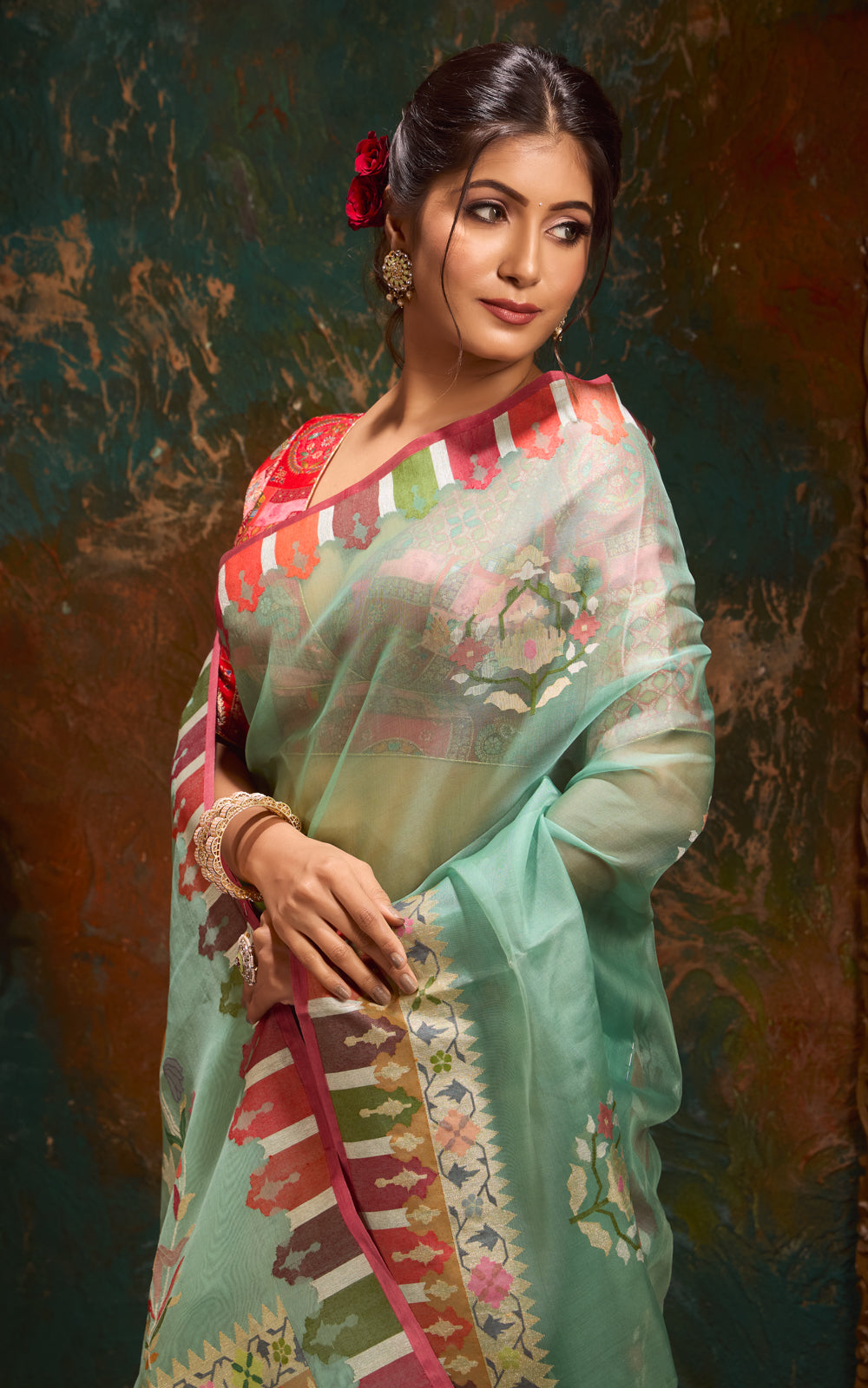 Pastel Green Real Zari Banarasi Kora Saree With Jamdani Weaves