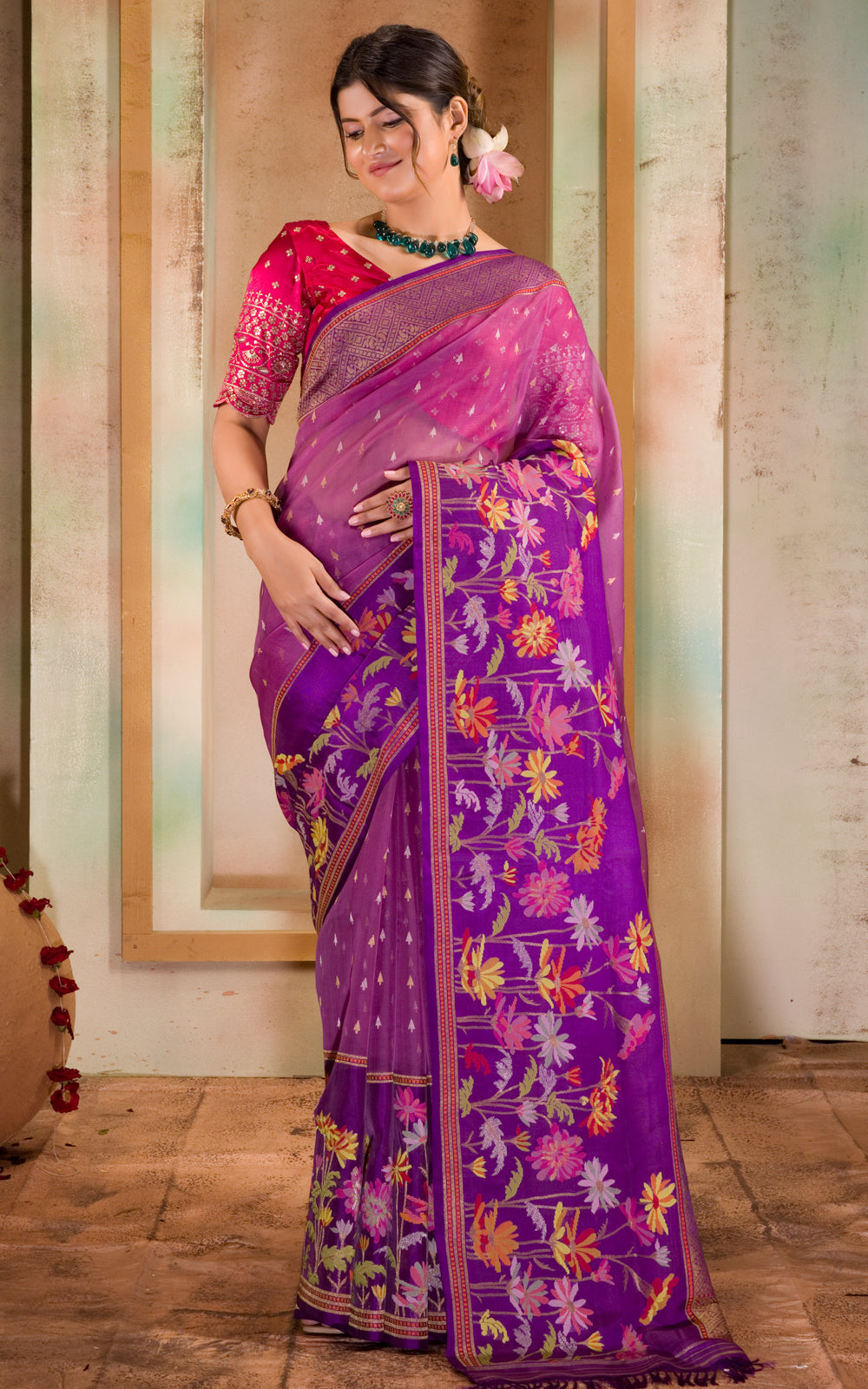 Purple & Violet Iktara Kora Silk Saree