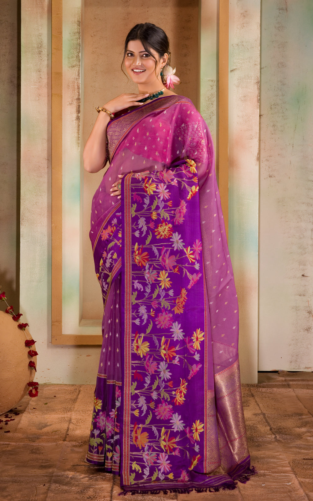 Purple & Violet Iktara Kora Silk Saree