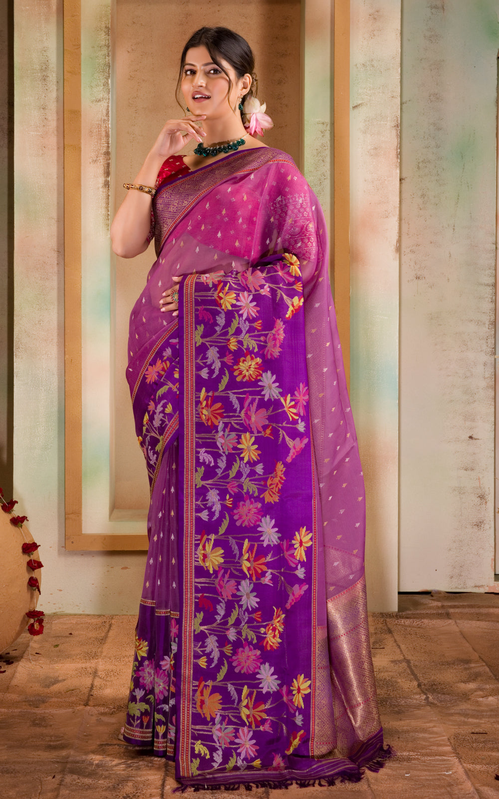 Purple & Violet Iktara Kora Silk Saree