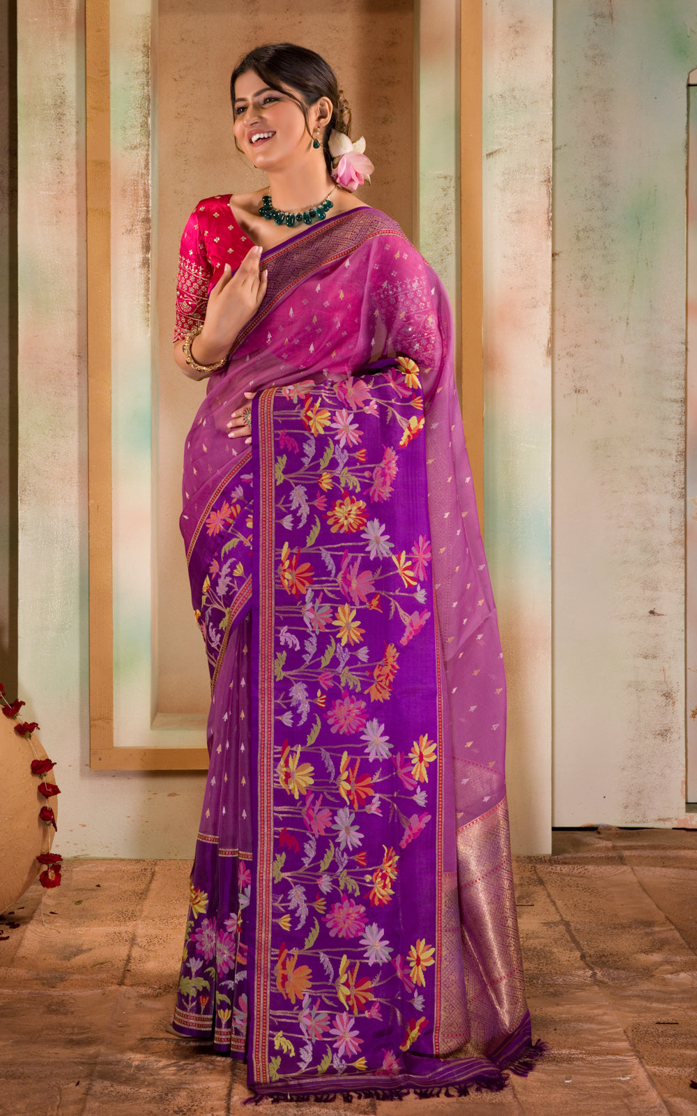 Purple & Violet Iktara Kora Silk Saree