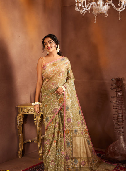 Pastel Green & Pink Real Zari Banarasi Kora Saree With Jamdani Weaves