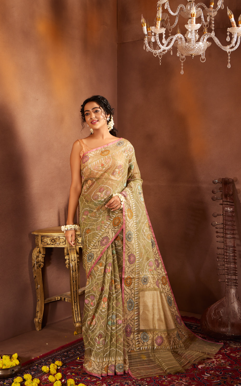 Pastel Green & Pink Real Zari Banarasi Kora Saree With Jamdani Weaves