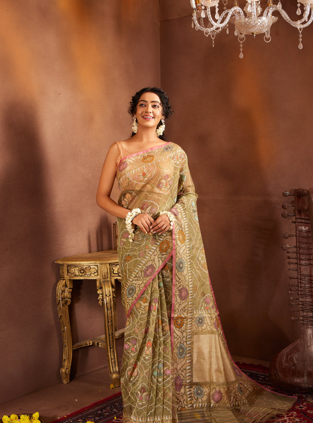 Pastel Green & Pink Real Zari Banarasi Kora Saree With Jamdani Weaves