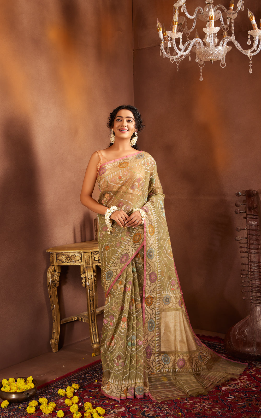 Pastel Green & Pink Real Zari Banarasi Kora Saree With Jamdani Weaves